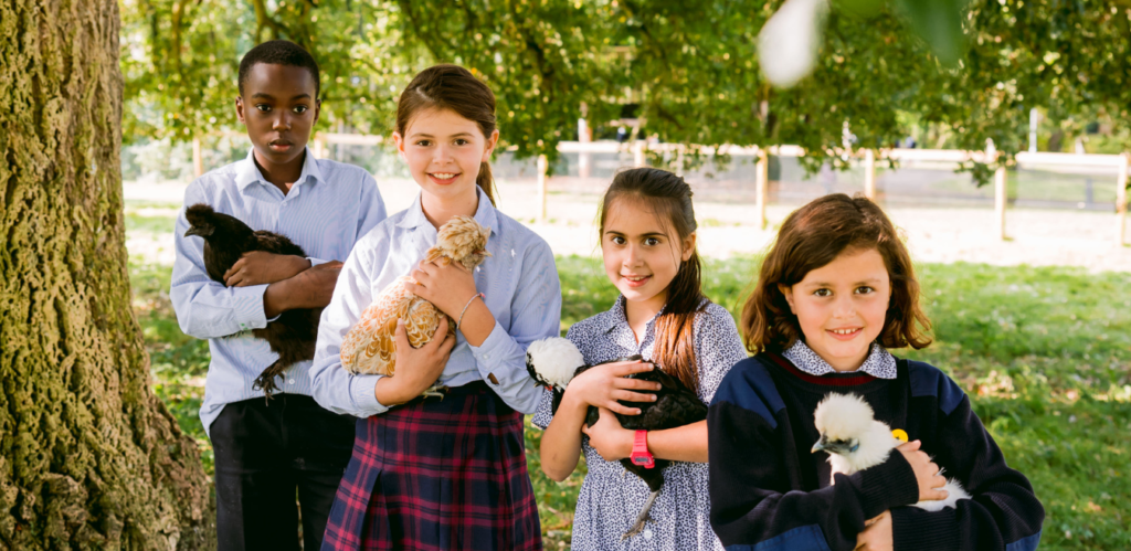 Happy pupils holding chickens at Port Regis Prep school 